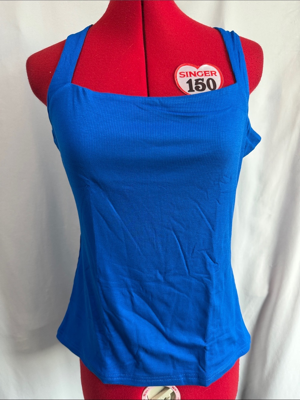 Blue Ribbed Square-Neck Tank Top
